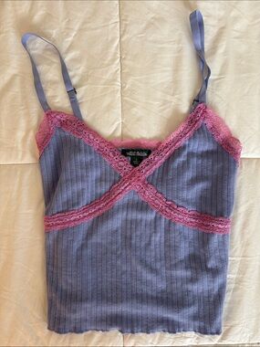 Coquette Lavender Pink Lace Trim Ribbed Cami Top Size S Summer Y2K